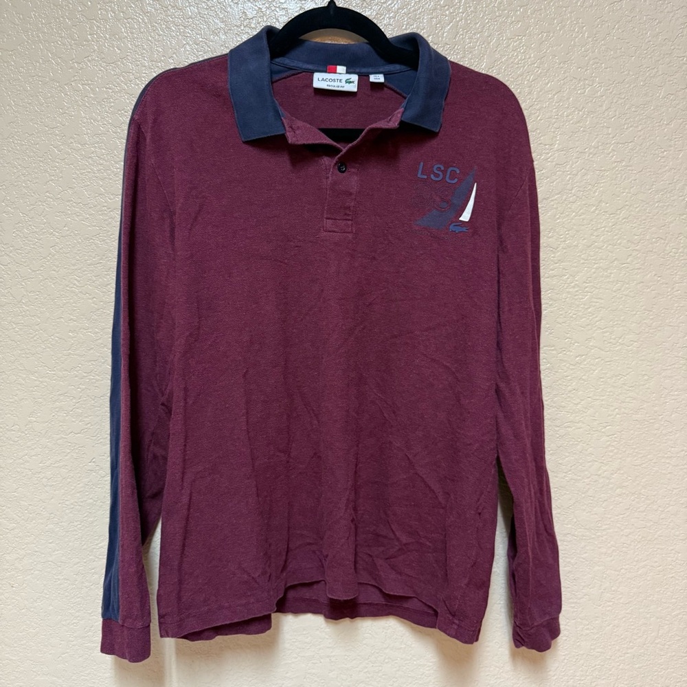 Lacoste Burgundy Regular Fit Long Sleeve Vintage Rugby Polo Shirt Size 4 Medium